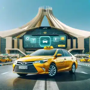 بلاگ 245 DALL·E 2024 05 28 11.44.28 A yellow Toyota Camry 2013 parked in front of the Imam Khomeini Airport in Tehran Iran with a modern digital booking system interface displayed in t