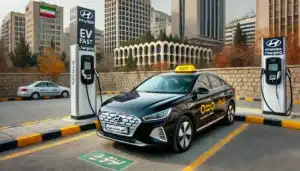 بلاگ 244 DALL·E 2024 07 31 13.19.35 A black electric taxi similar to the Hyundai Sonata 2015 parked at an EV fast charging station in Tehran city with modern buildings in the backgroun